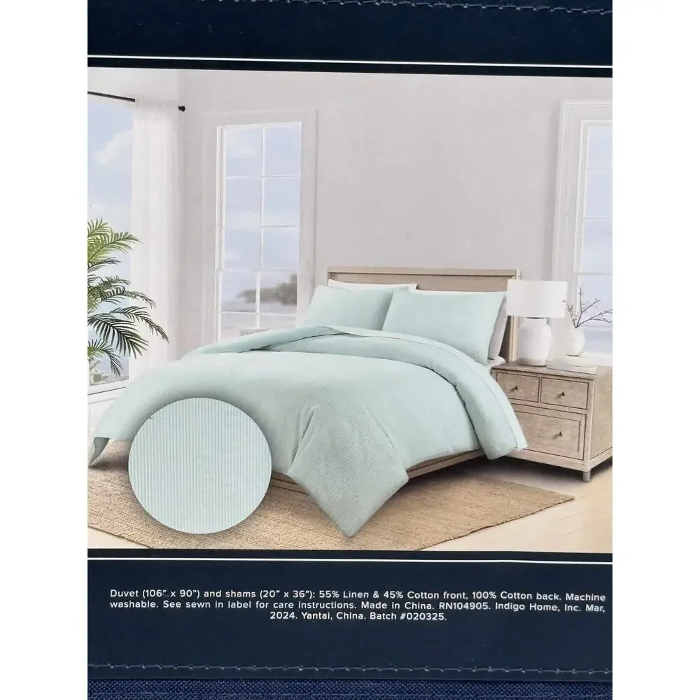Brooks Brothers King Light Blue White Pinstripe Cotton Linen Duvet Cover Set